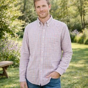 Billy Reid SZ XL White Blue Orange Check Button Down Shirt Lightweight Cotton